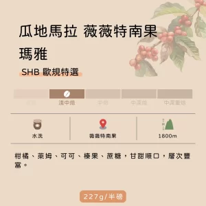 貓咖啡 Cat Coffee 瓜地馬拉薇薇特南果瑪雅 SHB 咖啡豆，中烘焙水洗處理，具備清新柑橘、萊姆、堅果與可可風味。
