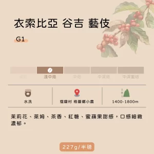 貓咖啡 Cat Coffee 衣索比亞谷吉格蕾娜農場藝伎咖啡豆，水洗 G1 處理，具備茉莉花、萊姆與蜜蘋果風味。